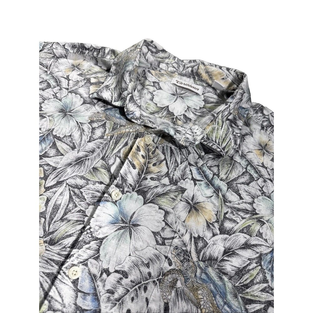 Caribbean Isle Sands Linen Shirt Mens XXL Gray Blue Tropical Button Up